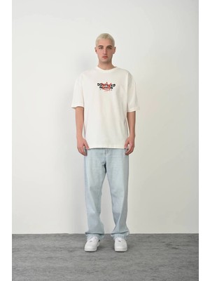 Freedom Bisiklet Yaka Baskılı Oversize T-Shirt - Beyaz -