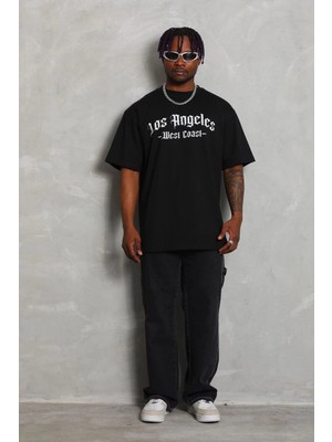 Freedom Oversize Baskılı Bisiklet Yaka T-Shirt - Siyah -