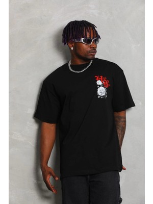 Freedom Oversize Baskılı Bisiklet Yaka T-Shirt - Siyah -