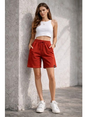 Freedom Kadın Otoban Dokuma Kumaş Beli Lastikli, Cepli, Yazlık Şort - Turuncu