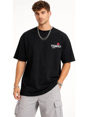 Freedom Erkek Kısa Kol Yazlık Tişört Bisiklet Yaka Baskılı Oversize T-Shirt - Siyah