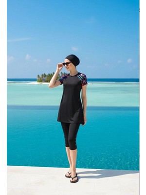 Tesmay Kadın Siyah/laci Düz Renk Kapri Boy Yarım Kapalı Tesettür Mayo