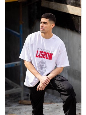 Freedom Bisiklet Yaka Baskılı Oversize T-Shirt - Beyaz -