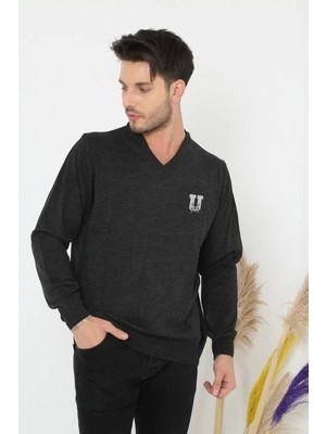 Freedom Baskılı V Yaka Uzun Kol Dokuma Triko - Füme -