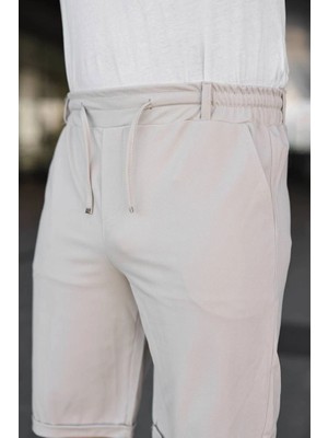 Freedom Erkek Diagonel Kumaş Duble Paça Cepli Bağcıklı Bel Lastikli Şort - Krem