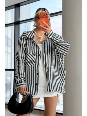 Lijuri Cep Detaylı Çizgili Oversize Gömlek 3508