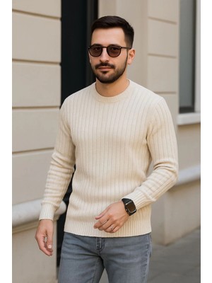 Freedom Bisiklet Yuvarlak Yaka Triko Kazak Pamuklu Kalın Fitilli Dokuma, Regular Fit Uzun Kollu Kışlık Model - Bej