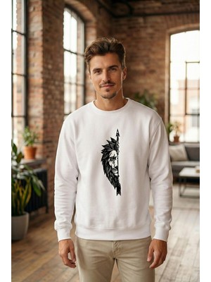 Freedom Sevgililer Günü Özel Bisiklet Yaka Aslan Baskılı Oversize Sweatshirt - Beyaz