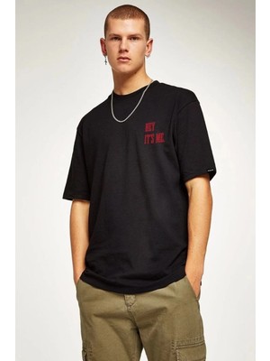 Freedom Bisiklet Yaka Oversize Baskılı T-Shirt - Siyah -