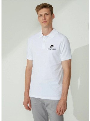 Freedom Yakası Düğmeli Yakalı Pike Baskılı T-Shirt - Beyaz