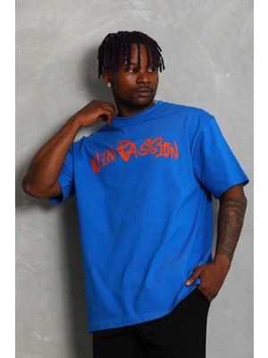 Freedom Oversize Baskılı Bisiklet Yaka T-Shirt - Mavi -