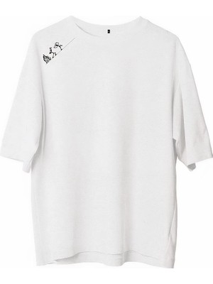 Freedom Bisiklet Yaka Baskılı Oversize T-Shirt - Beyaz -