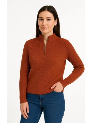 Freedom Yarım Fermuarlı Triko Kazak – Selanik Örgü, Dik Yaka, Pamuklu Dokuma, Oversize Uzun Kollu Kışlık Model - Kiremit