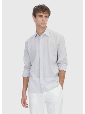 Ramsey Gri Çizgili Regular Fit Uzun Dokuma Casual %100 Pamuk Gömlek