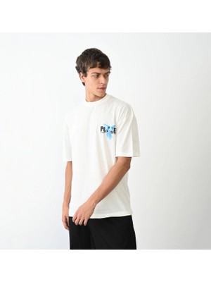 Freedom Bisiklet Yaka Baskılı Oversize T-Shirt - Beyaz -