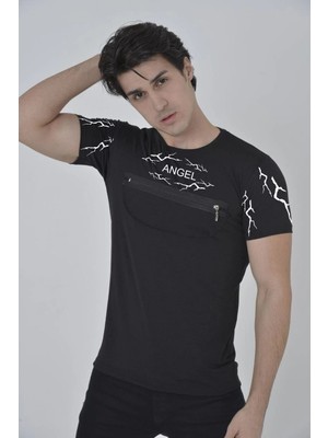 Freedom Göğüs Fermuarlı Baskılı T-Shirt - Siyah -