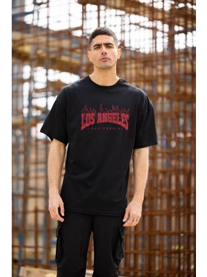 Freedom Bisiklet Yaka Baskılı Oversize T-Shirt - Siyah -