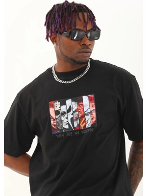 Freedom Oversize Baskılı Bisiklet Yaka T-Shirt - Siyah -