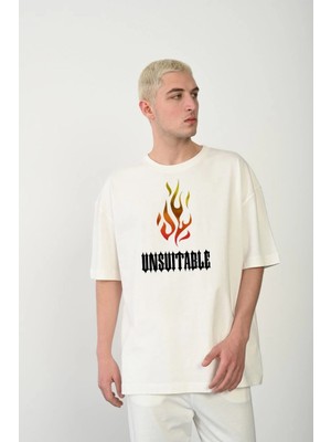 Freedom Bisiklet Yaka Baskılı Oversize T-Shirt - Beyaz