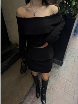 Freedom Straplez , Madonna , Carmen Yaka Croplu Mini Etekli Ikili Takım Triko - Siyah -