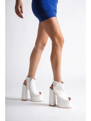 Ayakkabı Ateşi Beyaz Cilt Çift Platform Arka Açık Tasarım Kadın Ayakkabı Elay