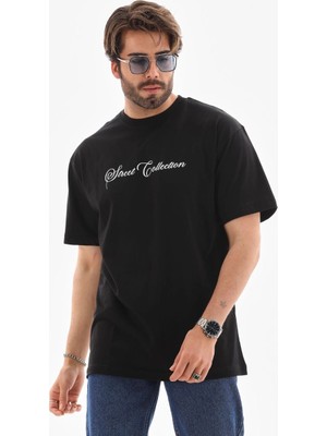 Freedom Bisiklet Yaka Baskılı Oversize T-Shirt - Siyah