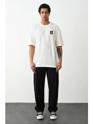 Freedom Bisiklet Yaka Baskılı Oversize T-Shirt - Beyaz -