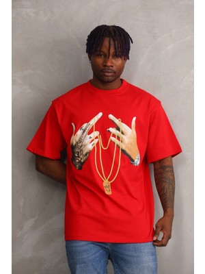 Freedom Baskılı Oversize T-Shirt - Kırmızı -