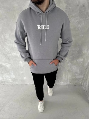 Freedom Uzun Kol Kapüşonlu Göğüs Baskılı Sweatshirt - Gri