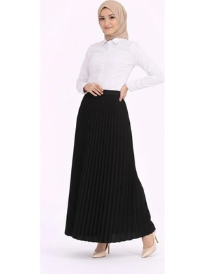 Freedom Tesettür Beyaz Gömlekli Pliseli Etek Ikili Takım Gündelik ve Ofis Şıklığı - Siyah