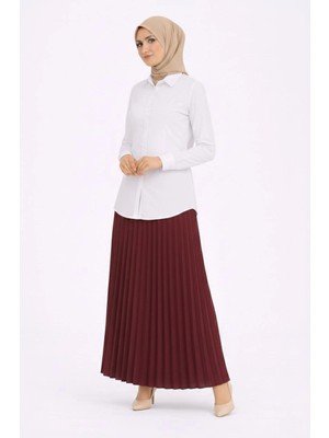 Freedom Tesettür Beyaz Gömlekli Pliseli Etek Ikili Takım Gündelik ve Ofis Şıklığı - Bordo