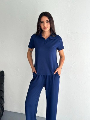 Freedom Osy Modal Yumuşak Dokulu Kumaş Kısa Kollu Yakalı T-Shirt Pantalon Ikili Takım- Lacivert -