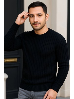 Freedom Bisiklet Yuvarlak Yaka Triko Kazak Pamuklu Kalın Fitilli Dokuma, Regular Fit Uzun Kollu Kışlık Model - Siyah