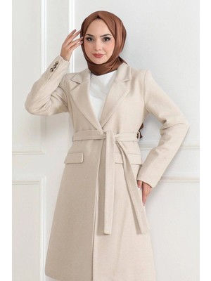 Freedom Kadın Kaşe Kaban Uzun Boy Kruvaze Yaka Kuşaklı Tesettür Kaban Astarlı Yünlü Dokuma - Bej