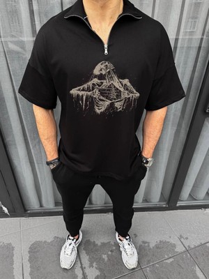 Freedom Yarım Fermuarlı Baskılı Oversize T-Shirt - Siyah -