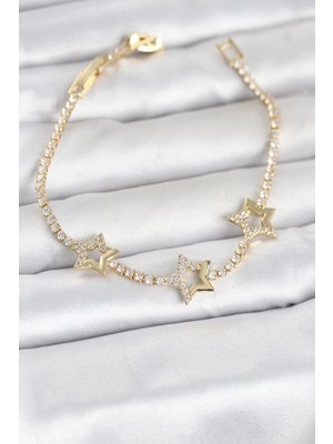 Pileli Store Pirinç Gold Renk Yıldız Model Zirkon Taşlı Su Yolu Kadın Bileklik