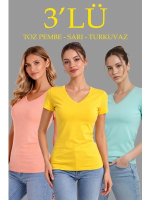 Freedom Kadın V Yaka Tişört Kısa Kol Slim Fit T-Shirt 3'lü Set Toz Pembe-Sarı-Turkuvaz