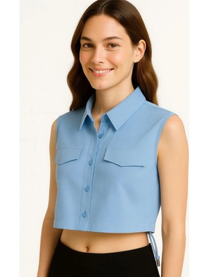 Freedom Crop Poplin Gömlek Yalancı Cepli, Ayarlanabilir Yan Kordonlu, - Bebe Mavisi -