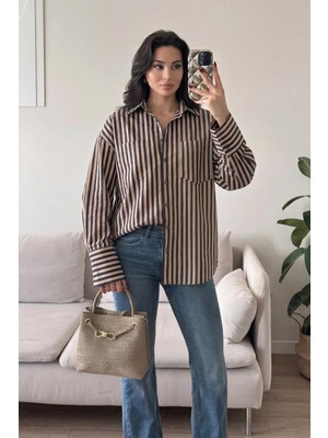 Lijuri Çizgili Oversize Basic Gömlek 3504