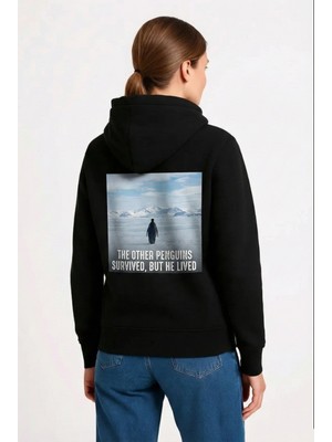 Freedom Kadın 3 Iplik Pamuklu Kapüşonlu Hoodie Sweatshirt Survivor Penguen Baskılı - Siyah