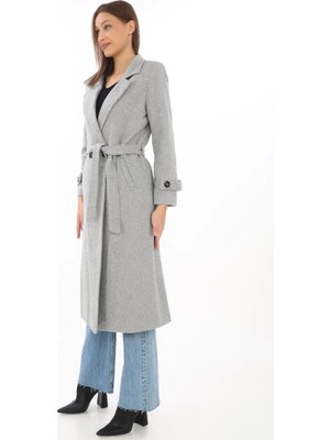 Freedom Kadın Balık Sırtı Kaşe Kaban Uzun Boy Kruvaze Yaka Kuşaklı Astarlı Tesettür Kaban - Gri