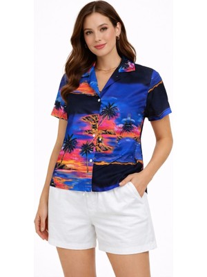 Freedom Kadın Gün Batımı Tropikal Desenli Kısa Kol Gömlek Şort Takım Yazlık Rahat Kalıp - Desenli