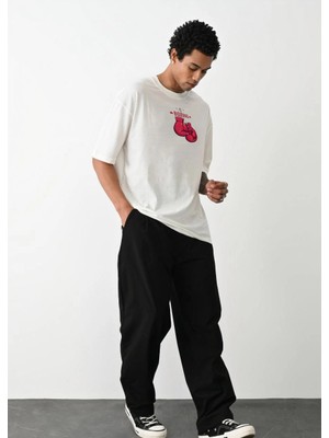 Freedom Bisiklet Yaka Baskılı Oversize T-Shirt - Beyaz -
