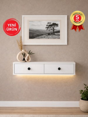 Dorpek Gellis Modern Duvara Monte 2 Kapaklı Ledli Beyaz Dresuar, Antre & Salon Mobilyası 90 cm