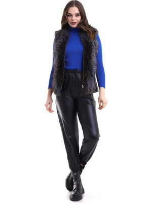 Freedom Fermuarlı Koyun Derisi Tilki Kürkü - Siyah -