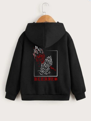 Freedom Çocuk   Kapüşonlu Ön ve Arka Blessed Baskılı Sweatshirt - Siyah