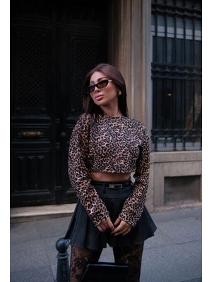 Freedom Leopar Desenli Uzun Kollu Crop - Leopar