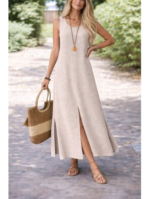 Flamex Kadın Yırtmaç Detay Kolsuz Maxi Boy Elbise