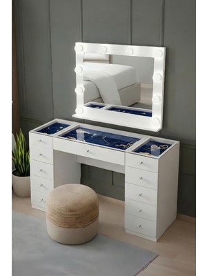 Setay Aynalı Makyaj Masası, Velvet Cam Üst Bölmeli Takı Düzenleyicili Şifonyer