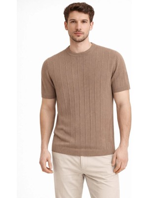 Erkek Yazlık Fitilli Triko Tişört Kısa Kol Bisiklet Yaka T-Shirt - Kahverengi